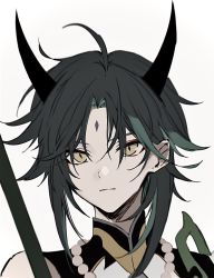 Rule 34 | 1boy, ahoge, bad id, bad twitter id, bead necklace, beads, black hair, facial mark, forehead mark, genshin impact, green hair, grey background, highres, horns, jewelry, male focus, mihnd182, multicolored hair, necklace, simple background, sleeveless, solo, upper body, xiao (genshin impact), yellow eyes
