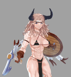 Rule 34 | 1girl, abs, armband, axe, bikini, bikini top only, black horns, blonde hair, breasts, facing away, feathers, grey background, headband, holding, holding axe, holding shield, horns, large breasts, looking at viewer, medium hair, multicolored feathers, muscular, muscular female, original, parted lips, pelvic curtain, pointy ears, purple eyes, q (ed69), shield, simple background, solo, swimsuit, toned, white feathers