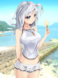 Rule 34 | 1girl, alternate costume, bikini, bikini skirt, blue sky, blurry, cloud, commentary request, cowboy shot, day, depth of field, food, grey eyes, halterneck, halterneck, jewelry, kantai collection, long hair, looking at viewer, momin, necklace, one side up, outdoors, popsicle, see-through, silver hair, sky, solo, suzutsuki (kancolle), swimsuit, white bikini