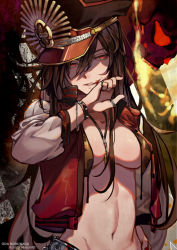 Rule 34 | 1girl, bikini, black hair, black hat, blood, blood on face, bracelet, breasts, chain, cleavage, collarbone, fate/grand order, fate (series), front-tie bikini top, front-tie top, hair between eyes, hand on own hip, hat, jacket, jewelry, long hair, looking at viewer, march ab, medium breasts, military hat, navel, oda nobunaga (fate), oda nobunaga (koha-ace), oda nobunaga (swimsuit berserker) (fate), open clothes, open jacket, parted lips, red eyes, ring, solo, stomach, swimsuit, untied bikini, unzipped, upper body