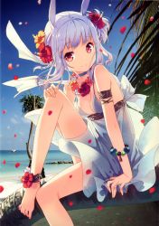 Rule 34 | 1girl, absurdres, animal ears, ankleband, anklet, arm support, armband, barefoot, beach, blue sky, braid, breasts, choker, cleavage, day, djmax, djmax portable, djmax technika, dress, feet, flower, flower necklace, h2so4, hair flower, hair ornament, hibiscus, highres, jewelry, knee up, leg up, lots of jewelry, medium breasts, necklace, ocean, one side up, outdoors, palm tree, petals, rabbit ears, red eyes, sitting, sky, smile, solo, strap gap, suee, tree, white dress, white hair