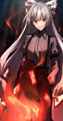 Rule 34 | 1girl, bow, closed mouth, fire, fujiwara no mokou, highres, imperishable night, long hair, long sleeves, looking at viewer, multicolored bow, otoshiro kosame, pants, red eyes, red pants, shirt, smile, solo, standing, touhou, very long hair, white hair, white shirt, white sleeves