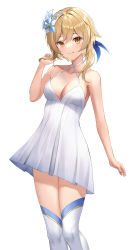 Rule 34 | 1girl, alternate costume, arm at side, bare arms, bare shoulders, blonde hair, breasts, cleavage, closed mouth, criss-cross halter, dress, feather hair ornament, feathers, feet out of frame, flower, genshin impact, hair flower, hair ornament, halterneck, hand up, highres, looking at viewer, lumine (genshin impact), lunacle, medium breasts, short hair with long locks, simple background, sleeveless, sleeveless dress, smile, solo, standing, thighhighs, thighs, white background, white dress, white flower, white thighhighs, yellow eyes