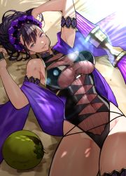 Rule 34 | 1girl, absurdres, armlet, arms up, bare shoulders, black gloves, black one-piece swimsuit, breasts, covered navel, fate/grand order, fate (series), fingerless gloves, flower, food, fruit, gloves, gold trim, hair flower, hair ornament, hair up, half gloves, highleg, highleg swimsuit, highres, large breasts, long hair, looking at viewer, lying, melon, murasaki shikibu (fate), murasaki shikibu (swimsuit rider) (fate), murasaki shikibu (swimsuit rider) (first ascension) (fate), on back, one-piece swimsuit, oversized object, pen, purple eyes, purple hair, shawl, smile, solo, swimsuit, thighs, yoshio (55level)