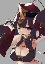 Rule 34 | 1girl, arm up, armpits, bad id, bad twitter id, bare shoulders, black hair, black shirt, braid, breasts, cleavage, commentary request, crop top, detached sleeves, grey background, hat, highres, jiangshi, large breasts, long hair, long sleeves, looking at viewer, midriff, nekomugiharu, ofuda, one eye closed, original, qingdai guanmao, red eyes, shirt, simple background, sleeveless, sleeveless shirt, sleeves past fingers, sleeves past wrists, solo, tongue, tongue out, twin braids, upper body, v-shaped eyebrows, wide sleeves