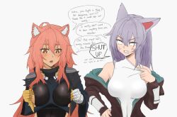 Rule 34 | 2girls, angry, animal ears, arknights, cosplay, costume switch, dokonjou (odossan), english text, gravel (arknights), multiple girls, pink hair, scavenger (arknights), speech bubble, upper body