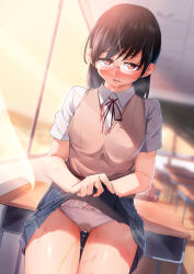 Rule 34 | 1girl, black hair, blue skirt, blurry, blurry background, breast pocket, breasts, brown sweater vest, classroom, clothes lift, collared shirt, commentary request, cowboy shot, dutch angle, glasses, highres, indoors, lifted by self, lower teeth only, medium breasts, medium hair, miniskirt, neck ribbon, onsen mikan, original, paid reward available, panties, parted lips, pee, peeing, peeing self, pleated skirt, pocket, red eyes, red ribbon, ribbon, rimless eyewear, school uniform, shirt, short sleeves, skirt, skirt lift, solo, sweat, sweater vest, teeth, underwear, white panties, white shirt