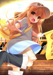 Rule 34 | 10s, 1girl, :d, bag, black footwear, blue shirt, blush, boots, brick floor, brown eyes, brown shorts, character name, clothes writing, commentary request, flag, flat cap, flying sweatdrops, grey hat, hair between eyes, hat, hataraku saibou, highres, holding, holding flag, knee boots, light brown hair, long hair, looking at viewer, looking to the side, open mouth, outstretched arm, platelet (hataraku saibou), shirt, short shorts, short sleeves, shorts, shoulder bag, smile, solo, standing, standing on one leg, very long hair, wide sleeves, yunagi amane