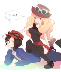 Rule 34 | 1boy, 1girl, blonde hair, blue jacket, blush, brown hair, brown thighhighs, calem (pokemon), closed mouth, collared shirt, commentary request, creatures (company), eyewear on headwear, game freak, hat, head rest, jacket, long hair, lower teeth only, nakamura sandayo, nintendo, open mouth, pants, pleated skirt, pokemon, pokemon xy, red headwear, red skirt, serena (pokemon), shared speech bubble, shirt, shoes, short hair, sitting, sitting on person, skirt, sleeveless, sleeveless shirt, speech bubble, squiggle, sunglasses, teeth, thighhighs, tongue, white-framed eyewear, zettai ryouiki