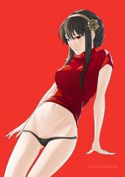 Rule 34 | 1girl, black hair, black panties, breasts, flower, gluteal fold, hair flower, hair ornament, hairband, highres, looking at viewer, medium breasts, panties, panties around one finger, pomelomelon, red background, red eyes, short hair, solo, spy x family, underwear, undressing, yor briar