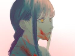 Rule 34 | 1girl, blood, blood on clothes, blood on face, braid, chainsaw man, collared shirt, from side, highres, keibleh, long hair, makima (chainsaw man), portrait, ringed eyes, shirt, sketch, solo, white shirt, wing collar, yellow eyes