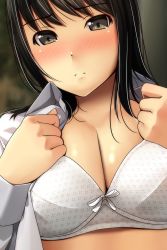 Rule 34 | 1girl, absurdres, black hair, blurry, blurry background, blush, bow, bow bra, bra, breasts, brown eyes, cleavage, closed mouth, collared shirt, depth of field, dutch angle, hands up, highres, long hair, long sleeves, matsunaga kouyou, medium breasts, nose blush, open clothes, open shirt, original, shirt, solo, underwear, upper body, white bra, white shirt