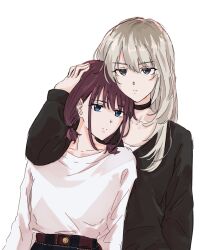 Rule 34 | 2girls, black choker, black sweater, blue eyes, choker, closed mouth, commentary, dol ce hmhn, girls band cry, grey eyes, hand on another&#039;s head, head on another&#039;s shoulder, highres, iseri nina, kawaragi momoka, light brown hair, long sleeves, looking at viewer, multicolored hair, multiple girls, pink shirt, red hair, roots (hair), shirt, short twintails, simple background, sweater, twintails, upper body, white background, yuri