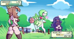 Rule 34 | 1boy, 3girls, ass, blue eyes, blue sky, breasts, breasts out, brown hair, cleavage, cleft of venus, creatures (company), game freak, gardevoir, gen 3 pokemon, green eyes, hex maniac (pokemon), highres, huge ass, huge breasts, large areolae, large breasts, long hair, may (pokemon), multiple girls, navel, nintendo, nipples, nude, outdoors, pokemon, pokemon (creature), pokemon rse, pokemon xy, puffy nipples, roselia (pokemon), screwroot, sex, short hair, sky, smile, standing, uncensored, wristband