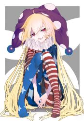Rule 34 | 1girl, absurdly long hair, absurdres, american flag dress, american flag legwear, blonde hair, clownpiece, dress, fairy wings, full body, grey background, hat, head tilt, highres, jester cap, knees up, long hair, looking at viewer, neck ruff, no shoes, open mouth, pantyhose, pigeon-toed, pink eyes, polka dot, purple hat, sitting, smile, solo, star (symbol), star print, striped, touhou, two-tone background, very long hair, white background, wings, yonemuro