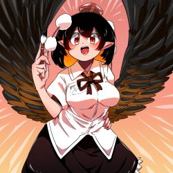 Rule 34 | 1girl, bird wings, black hair, black ribbon, black skirt, black wings, blush, breasts, brown hair, calligraphy brush, collared shirt, colored inner hair, commentary request, cowboy shot, gradient background, hair between eyes, hand on own hip, hat, highres, kurodani yamame, large breasts, looking at viewer, medium hair, multicolored hair, neck ribbon, open mouth, orange background, paintbrush, pointy ears, pom pom (clothes), red eyes, red hat, ribbon, rinyamame, shameimaru aya, shirt, skirt, slit pupils, smile, solo, tokin hat, touhou, white shirt, wings