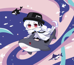 Rule 34 | 1girl, arknights, black hat, blue background, bucket hat, chibi, commentary request, dress, fish, full body, grey dress, grey hair, hat, long hair, long sleeves, looking at viewer, multicolored background, orca, pink background, red eyes, riding, scarf, shark, solo, soppos, specter (arknights), specter (undercurrent) (arknights), star (symbol), swordfish, tropical fish, white scarf
