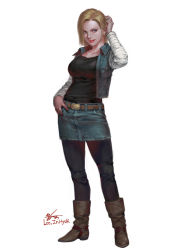 Rule 34 | 1girl, android 18, artist name, belt, blonde hair, blue eyes, boots, breasts, brown footwear, collarbone, cropped jacket, denim, denim jacket, denim skirt, dragon ball, dragonball z, earrings, full body, tucking hair, hand on own hip, hand up, in-hyuk lee, jacket, jewelry, knee boots, large breasts, lipstick, long sleeves, makeup, nail polish, pantyhose, parted lips, pink lips, realistic, shirt, short hair, signature, skirt, solo, standing