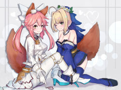 Rule 34 | 10s, 2girls, ahoge, animal ears, belt, blonde hair, blue legwear, blush, bodysuit, bow, breasts, cleavage, cosplay, costume switch, detached sleeves, fate/extra, fate/extra ccc, fate (series), flower, fox ears, fox tail, gloves, green eyes, hair bow, hair ribbon, highres, japanese clothes, lock, looking at viewer, multiple girls, nero claudius (bride) (fate), nero claudius (fate), nero claudius (fate), one eye closed, pantie painting, pink hair, ribbon, saber bride (cosplay), smile, tail, tamamo (fate), tamamo cat (fate), tamamo no mae (fate/extra), tamamo no mae (fate/extra) (cosplay), veil, yellow eyes, zipper
