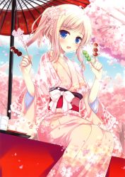 Rule 34 | 1girl, :d, absurdres, blue eyes, blush, cherry blossoms, dango, day, eating, food, hair ornament, hanami, highres, huge filesize, japanese clothes, kimono, ko~cha, looking at viewer, non-web source, oil-paper umbrella, open mouth, original, outdoors, parasol, pink hair, plant, sitting, smile, solo, spring (season), tree, umbrella, wagashi