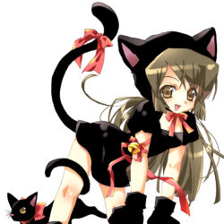 Rule 34 | 1girl, animal ears, bell, black cat, cat, cat ears, cat tail, gloves, jingle bell, ribbon, solo, tail, tail ornament, tail ribbon