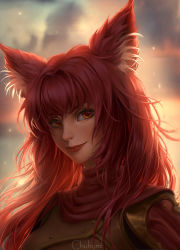 Rule 34 | 1girl, animal ears, artist name, chuby mi, closed mouth, commission, fox ears, highres, long hair, looking at viewer, nose, original, portrait, realistic, red hair, red lips, solo, upper body, yellow eyes