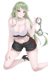 Rule 34 | 1girl, absurdres, bare shoulders, black footwear, black shorts, blush, bra, braid, breasts, brown eyes, clark (159123), collarbone, condom, condom in mouth, condom wrapper, covered erect nipples, cuffs, fp-6 (girls&#039; frontline), french braid, girls&#039; frontline, green hair, hair ornament, hairclip, hand on own thigh, handcuffs, high heels, highres, kneeling, large breasts, long hair, looking at viewer, midriff, mole, mole on breast, mouth hold, navel, shoes, short shorts, shorts, solo, sports bra, underwear, very long hair, white bra
