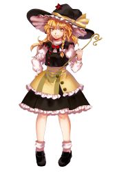 Rule 34 | 1girl, absurdres, apron, black capelet, black footwear, black hat, black skirt, black vest, blonde hair, blouse, bow, bowtie, braid, buttons, capelet, closed mouth, eyelashes, frilled apron, frilled hat, frilled skirt, frills, full body, hair bow, hand on own hip, happy, hat, hat ornament, hat ribbon, highres, holding, holding wand, juliet sleeves, kirisame marisa, kuya (hey36253625), loafers, long hair, long sleeves, looking at viewer, puffy sleeves, red bow, red bowtie, red button, ribbon, shirt, shoes, side braid, single braid, skirt, socks, solo, standing, star (symbol), star hat ornament, touhou, turtleneck, undefined fantastic object, vest, waist apron, wand, white bow, white shirt, white socks, witch, witch hat, yellow apron, yellow eyes, yellow ribbon