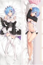 Rule 34 | 10s, 1girl, apron, arms up, bare legs, barefoot, bed sheet, black panties, black ribbon, blue eyes, blue hair, blush, borrowed clothes, bow, bow bra, bow legwear, bow panties, bra, breasts, cleavage, collar, cosplay, dakimakura (medium), detached collar, detached sleeves, dress, dress bow, feet, frilled collar, frilled dress, frilled panties, frilled sleeves, frills, from above, full body, hair ornament, hair over one eye, hair ribbon, hand on own thigh, hand up, head on pillow, head rest, highres, hitsukuya, jacket, knees together feet apart, long sleeves, looking at viewer, lying, maid, maid apron, maid headdress, medium breasts, multiple views, natsuki subaru (cosplay), navel, neck ribbon, no shoes, on back, on side, open clothes, open jacket, panties, parted lips, pillow, purple ribbon, re:zero kara hajimeru isekai seikatsu, rem (re:zero), ribbon, short hair, sleeves past wrists, smile, stomach, thighhighs, track jacket, underwear, white bow, white bra, white thighhighs, wide sleeves, x hair ornament, zettai ryouiki