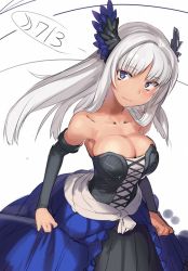 Rule 34 | 1girl, bare shoulders, breasts, cleavage, dress, gwendolyn (odin sphere), hair ornament, large breasts, long hair, odin sphere, okiyasusi, purple eyes, skirt hold, solo, strapless, strapless dress, white hair