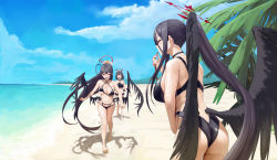 Rule 34 | 3girls, bikini, black bikini, black hair, black wings, blue archive, breasts, chela77, cleavage, feathered wings, halo, hasumi (blue archive), highres, large breasts, long hair, mashiro (blue archive), mashiro (swimsuit) (blue archive), multiple girls, navel, red eyes, shore, short hair, summer, swimsuit, tsurugi (blue archive), tsurugi (swimsuit) (blue archive), very long hair, winged halo, wings