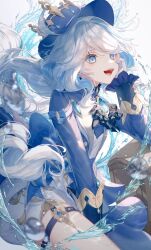 Rule 34 | 1girl, ahoge, ascot, black ascot, blue eyes, blue hair, blue hat, blue jacket, brooch, commentary, from side, furina (genshin impact), genshin impact, gloves, hat, highres, jacket, jewelry, light blue hair, long hair, long sleeves, looking up, open mouth, short shorts, shorts, simple background, solo, toku kekakewanko, top hat, water, white background, white gloves, white shorts