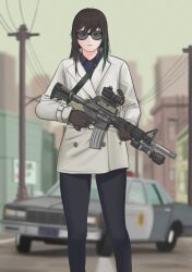 Rule 34 | 1girl, assault rifle, black gloves, black hair, black pants, blurry, blurry background, brown gloves, building, car, colt commando, chevrolet caprice, cityscape, commentary, english commentary, girls&#039; frontline, gloves, green hair, gun, highres, holding, holding gun, holding weapon, jacket, long hair, long sleeves, m4a1 (girls&#039; frontline), motor vehicle, multicolored hair, outdoors, pants, parabellum, police car, rifle, scope, solo, standing, streaked hair, sunglasses, utility pole, weapon, white jacket