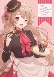 Rule 34 | 1girl, 2022, ;d, apron, black hat, black shirt, brown hair, cowboy shot, dated, earrings, food, fork, fruit, hair ribbon, happy valentine, hat, highres, holding, holding fork, holding plate, jewelry, long hair, long sleeves, looking at viewer, low twintails, maid apron, mini hat, mini top hat, one eye closed, open mouth, original, pink background, plate, red eyes, red ribbon, ribbon, shiraki shiro, shirt, smile, solo, strawberry, sweets, top hat, twintails, valentine, very long hair