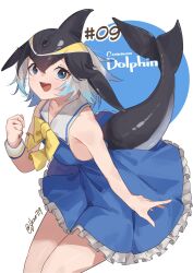 Rule 34 | 1girl, bare shoulders, black hair, blonde hair, blowhole, blue dress, blue eyes, blue hair, blush, bow, bowtie, cetacean tail, common dolphin (kemono friends), cowboy shot, dolphin girl, dorsal fin, dress, fins, fish tail, frilled dress, frills, head fins, highres, jknor, kemono friends, looking at viewer, multicolored hair, open mouth, sailor dress, short hair, sleeveless, smile, solo, tail, white hair, wristband, yellow bow, yellow bowtie