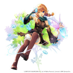Rule 34 | 2girls, :d, artist request, bare shoulders, blonde hair, blue eyes, boots, braid, brown footwear, brown legwear, crystal, detached sleeves, elbow gloves, fairy, fantasy earth zero, fingerless gloves, fur boots, fur trim, gloves, masya, multiple girls, one eye closed, open mouth, pointy ears, smile, square enix, thigh boots, thighhighs, twin braids