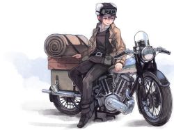 Rule 34 | 1girl, bedroll, belt pouch, coat, cup, fur hat, goggles, goggles on headwear, hat, hermes (kino no tabi), highres, kaneni, kino (kino no tabi), kino no tabi, motor vehicle, motorcycle, pouch, reverse trap, short hair, sitting, suitcase, tomboy, white background