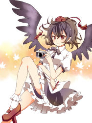 Rule 34 | 1girl, arm rest, bad id, bad pixiv id, bird wings, black hair, bobby socks, camera, chako (chakoxxx), frilled skirt, frills, geta, gradient background, hat, highres, knee up, leaf, leaning back, looking at viewer, maple leaf, messy hair, pencil, pointy ears, puffy short sleeves, puffy sleeves, red eyes, ribbon, shameimaru aya, short hair, short sleeves, skirt, slit pupils, smile, socks, solo, tengu-geta, tokin hat, touhou, wings