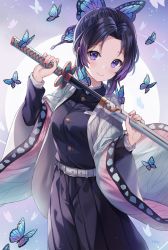 Rule 34 | 1girl, animal, belt, belt buckle, black hair, black jacket, black pants, blush, breasts, buckle, bug, butterfly, butterfly hair ornament, closed mouth, commentary, forehead, gradient hair, hair ornament, hands up, highres, hitsukuya, holding, holding sheath, holding sword, holding weapon, insect, jacket, katana, kimetsu no yaiba, kochou shinobu, long sleeves, looking at viewer, multicolored hair, open clothes, pants, parted bangs, purple eyes, purple hair, sheath, small breasts, smile, solo, sword, unsheathing, weapon, white belt, wide sleeves