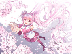 Rule 34 | 1girl, arms up, black footwear, boots, cherry blossoms, detached sleeves, eyebrows, from above, hair between eyes, hair ornament, hatsune miku, highres, long hair, necktie, open mouth, pink eyes, pink footwear, pink hair, pink necktie, pink skirt, pleated skirt, sakura miku, shirt, skirt, solo, thigh boots, thighhighs, twintails, very long hair, vocaloid, white shirt, youshuu