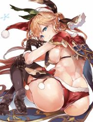 Rule 34 | 10s, 1girl, ass, back, bikini, black gloves, black thighhighs, blue eyes, bow, breasts, brown hair, butt crack, cape, christmas, clarisse (granblue fantasy), fur trim, gloves, granblue fantasy, hair bow, hat, himuro shunsuke, large breasts, long hair, looking at viewer, looking back, ponytail, santa costume, santa hat, sideboob, sitting, solo, swimsuit, thighhighs