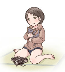 Rule 34 | 1girl, artist request, barefoot, brown hair, cat, character request, closed mouth, copyright request, denim, denim shorts, closed eyes, feet, looking at viewer, shoes, unworn shoes, short hair, shorts, sitting, solo, tatami, toes, wariza, white background, yellow eyes