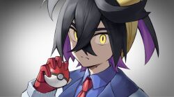 Rule 34 | 1boy, black hair, blue shirt, closed mouth, collared shirt, colored inner hair, commentary request, creatures (company), game freak, gloves, hair between eyes, hairband, hand up, highres, holding, holding poke ball, kieran (pokemon), male focus, multicolored hair, necktie, nintendo, partially fingerless gloves, poke ball, poke ball (basic), pokemon, pokemon sv, red gloves, red necktie, shirt, solo, split mouth, yellow eyes, yellow hairband, yorugami rei