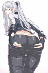 Rule 34 | 1girl, ak-12 (girls&#039; frontline), ass, black ribbon, braid, butt crack, cameltoe, closed eyes, from behind, girls&#039; frontline, gloves, hair ribbon, kageshio (276006), long hair, pants, partially fingerless gloves, ponytail, ribbon, sidelocks, silver hair, smile, solo, spread ass, tactical clothes