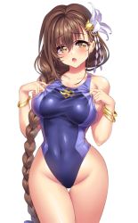 Rule 34 | 1girl, bad id, bad twitter id, blush, braid, breasts, brown eyes, brown hair, competition swimsuit, curvy, hair ornament, hair over shoulder, highleg, highleg swimsuit, highres, kanpani girls, large breasts, long hair, looking at viewer, mole, mole under eye, one-piece swimsuit, open mouth, senri gan, shirayuri sakura, single braid, solo, standing, swimsuit, thigh gap, very long hair, wide hips