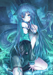 Rule 34 | 1girl, animal ears, bare shoulders, black jacket, black skirt, blue eyes, blue hair, breasts, commentary request, hair between eyes, highres, jacket, lace, lace-trimmed skirt, lace trim, long hair, long sleeves, looking at viewer, medium breasts, off shoulder, open clothes, open jacket, original, parted lips, puffy long sleeves, puffy sleeves, see-through, seiza, sitting, skirt, sleeves past wrists, solo, tail, topia, very long hair