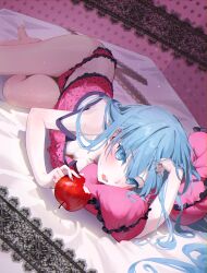 Rule 34 | 1girl, absurdres, apple, blue eyes, blue hair, blush, breasts, cleavage, food, frills, fruit, hatsune miku, highres, hya ro, lace, lace-trimmed shirt, lace trim, light particles, long hair, looking at viewer, open mouth, pale skin, pillow, pink background, polka dot, polka dot background, red apple, romeo to cinderella (vocaloid), shirt, solo, thighs, vocaloid