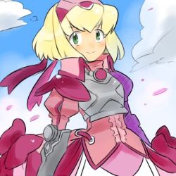 Rule 34 | 1girl, alexia lynn elesius, armor, armored dress, blonde hair, blush, closed mouth, cloud, dress, gloves, green eyes, hairband, kanagon (denebu00), looking at viewer, lowres, short hair, smile, solo, wild arms, wild arms xf