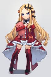 Rule 34 | 1girl, abigail williams (fate), baobhan sith (fate), baobhan sith (fate) (cosplay), baobhan sith (first ascension) (fate), bare shoulders, blonde hair, blue eyes, blush, boots, breasts, center frills, cosplay, detached collar, detached sleeves, dress, fate/grand order, fate (series), forehead, frills, full body, highres, long hair, looking at viewer, miya (miyaruta), parted bangs, red dress, red footwear, small breasts, smile, stuffed animal, stuffed toy, teddy bear, thigh boots, thighhighs, tiara