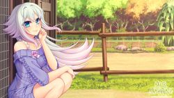 Rule 34 | 1girl, arm on knee, artist name, blue eyes, breasts, cabin fever (game), closed mouth, door, dress, fence, flower on dress, forest, hair between eyes, hand on own face, highres, long hair, looking at viewer, multicolored hair, murmoruno, nature, purple dress, purple hair, purple sweater, signature, smile, solo, sweater, sweater dress, two-tone hair, white hair, wooden fence
